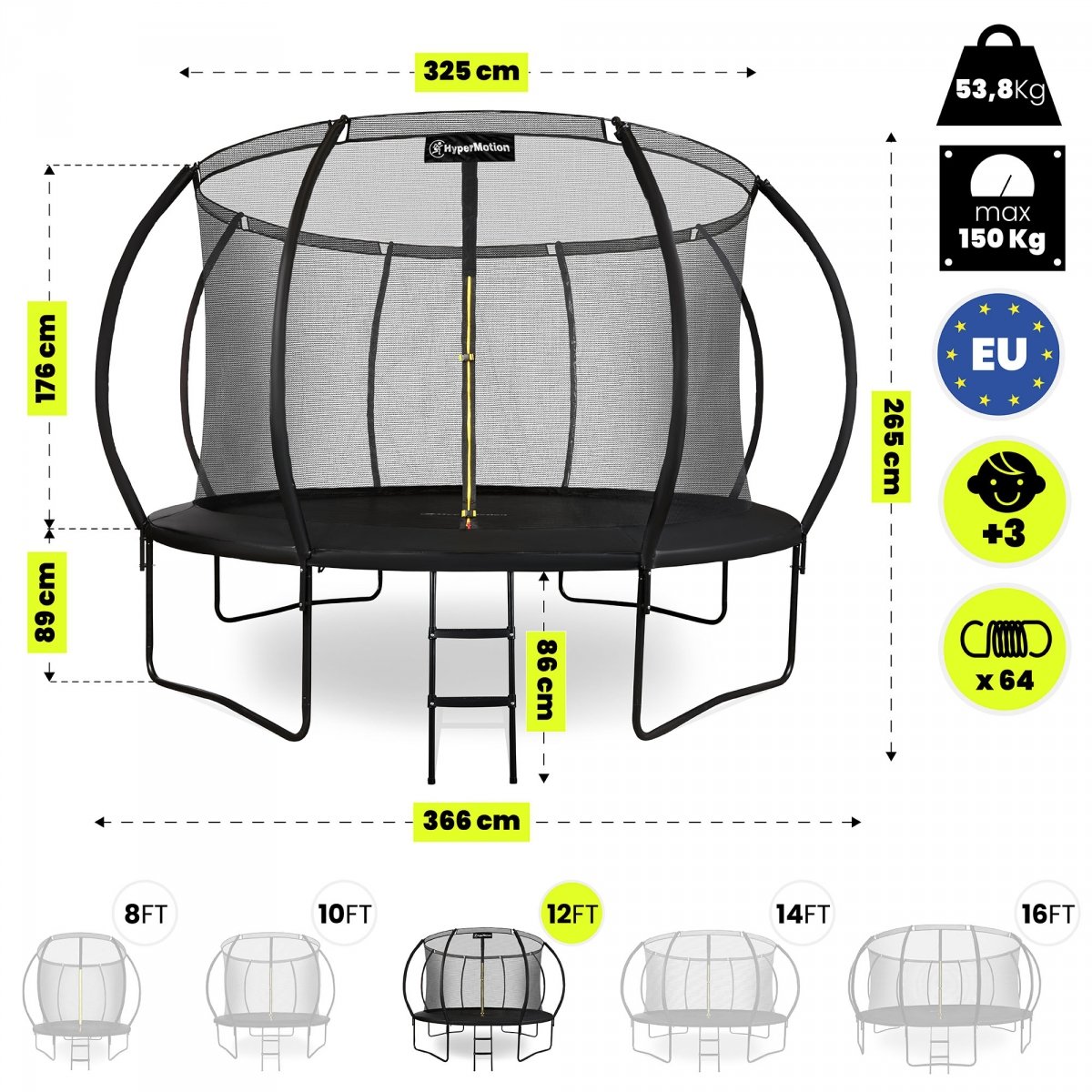 Trampolina ogrodowa XXL dla dzieci HyperMotion - 366 cm 12FT - z drabinką i siatką wewnętrzną - do domu i ogrodu - 150kg max