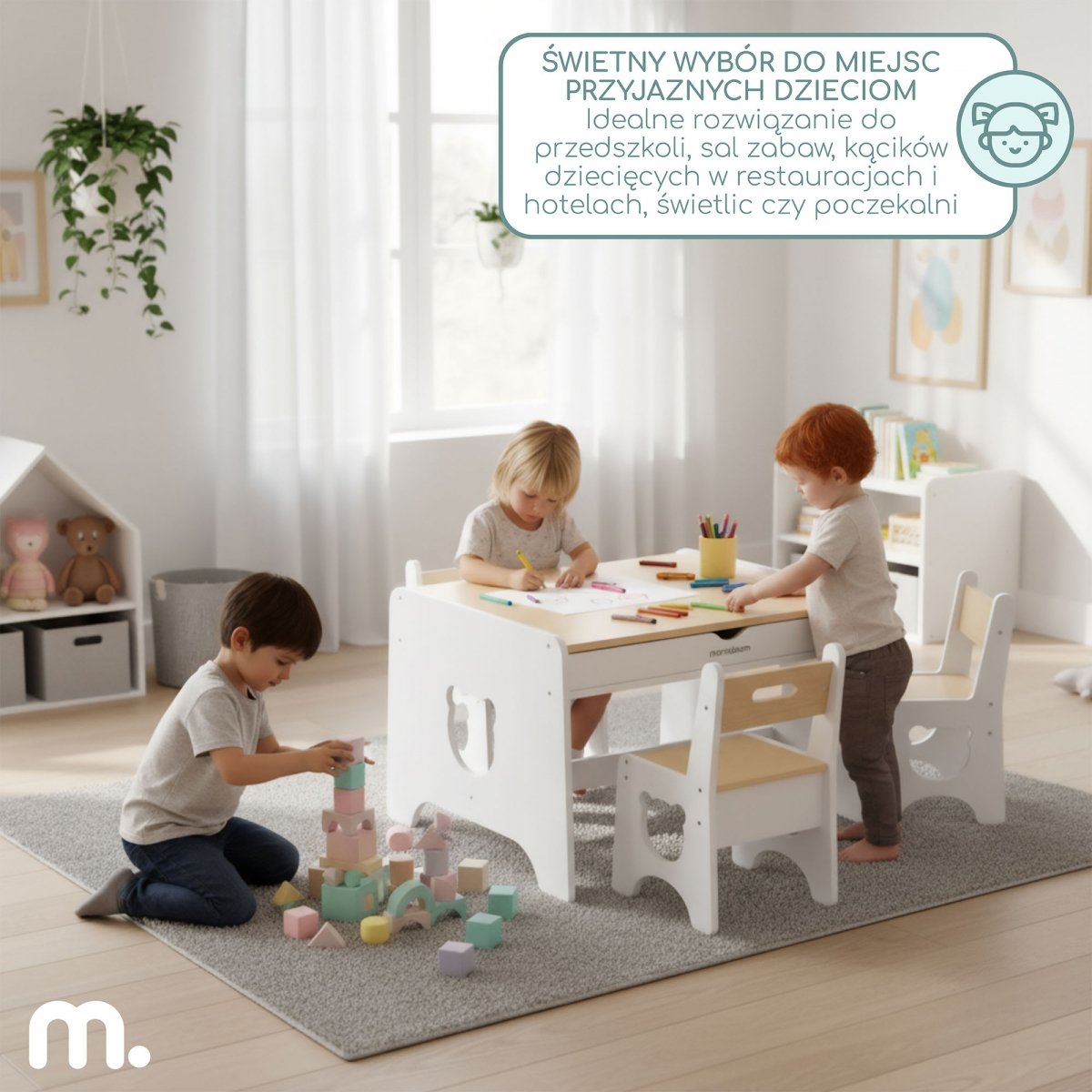 Duży zestaw mebli dla dzieci - biały, drewniany stolik - biurko, dwie szuflady + 4 krzesełka - Miś