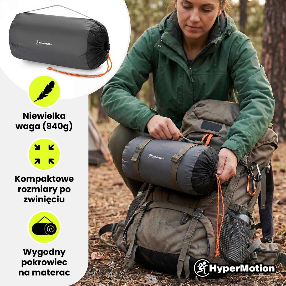 Ultralekki materac dmuchany dwuosobowy do spania na kemping i trekking HyperMotion Campmat – 190x120 cm – szary