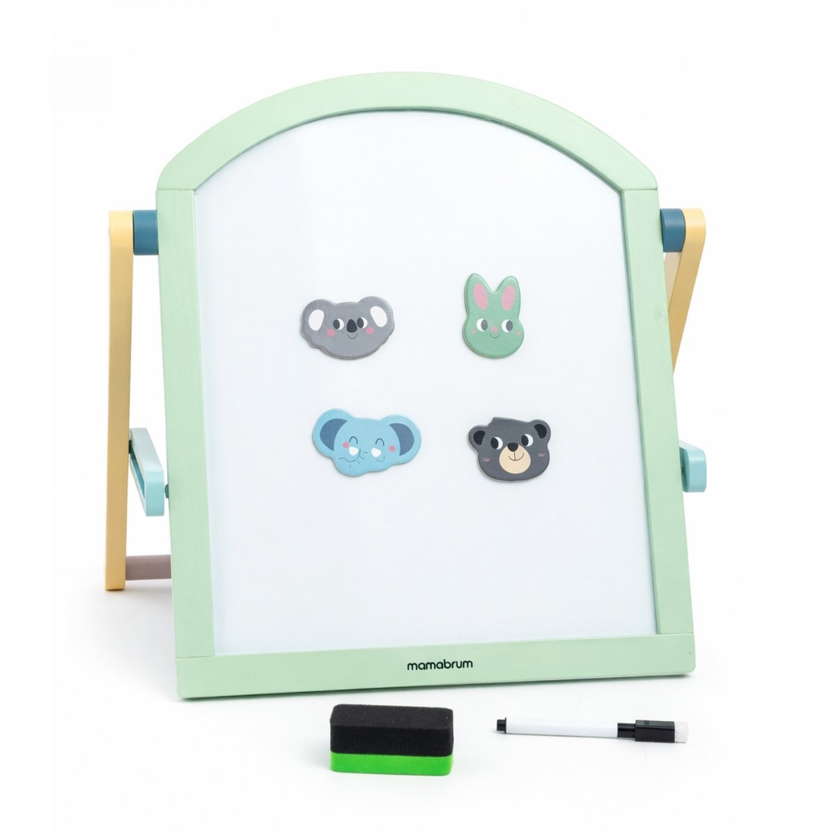 Drewniana tablica edukacyjna dla dzieci - dwustronna, magnetyczno-kredowa ze składanym stojakiem