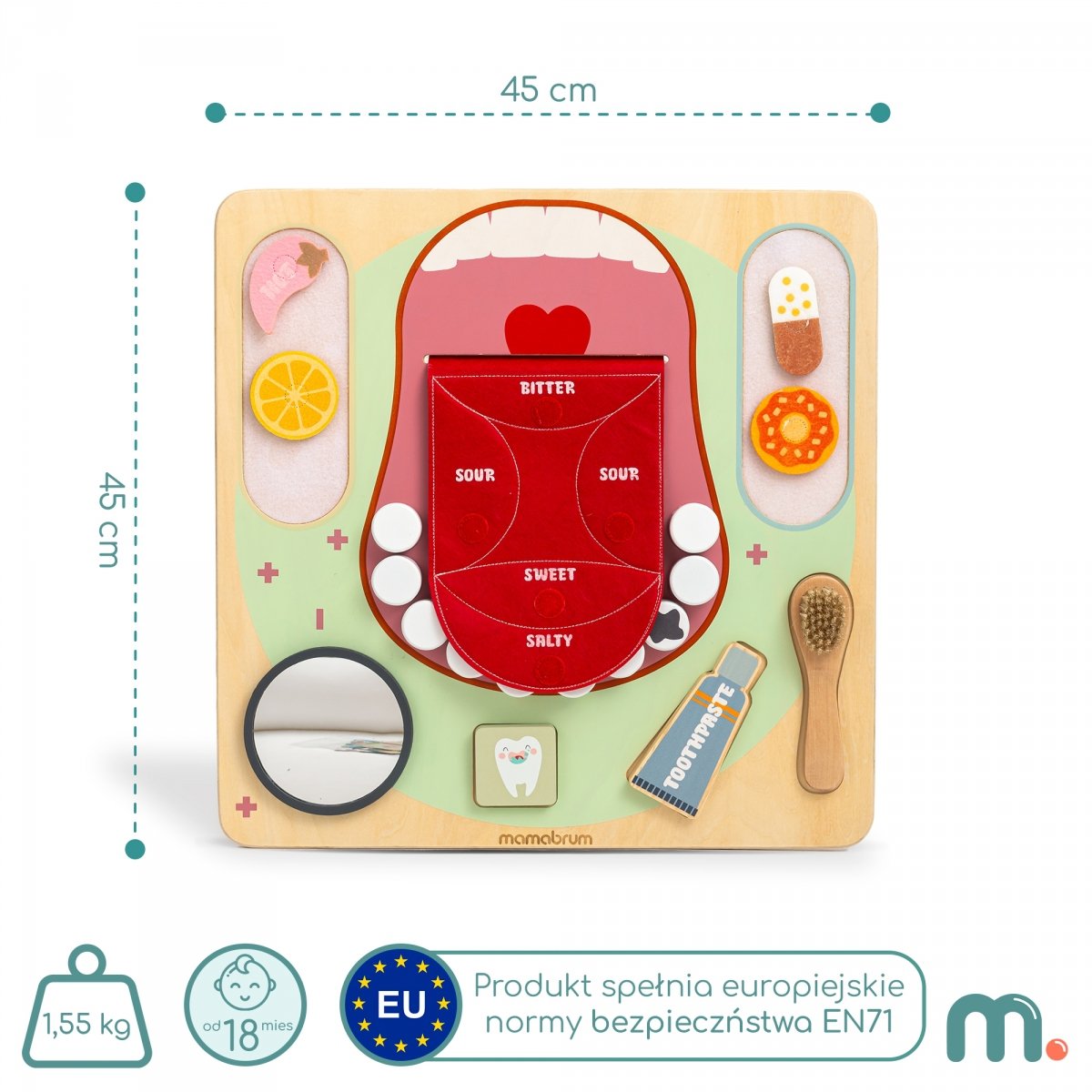 Drewniana tablica edukacyjna Montessori Mały Dentysta - szczoteczka, pasta, wyjmowane zęby, lusterko, jedzenie, nauka smaków