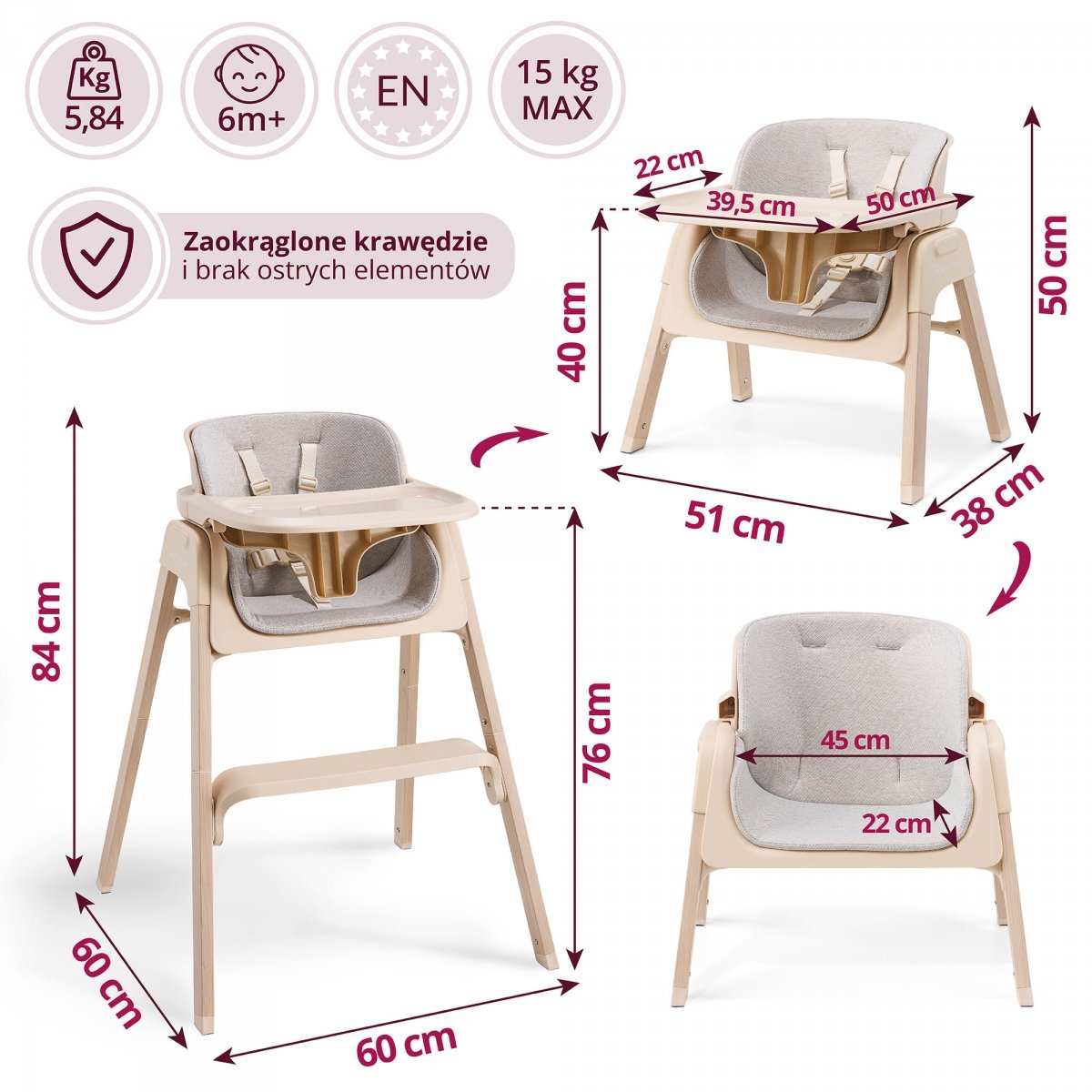 Składane krzesełko do karmienia Lumo 3w1, dwupoziomowe dla dziecka - Moby-System beżowe
