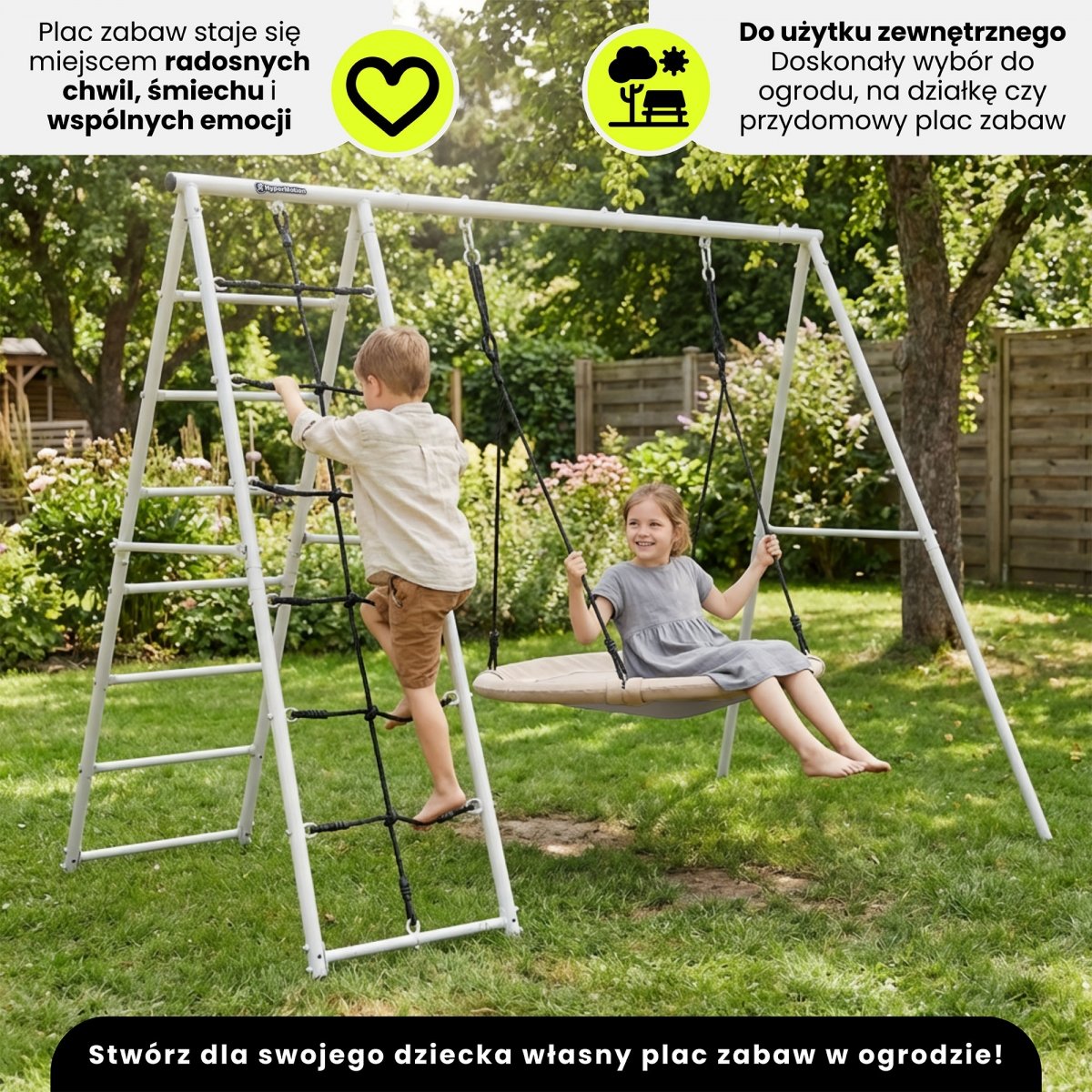 Ogrodowy plac zabaw XL 3w1 z bocianim gniazdem, drabinką i siatką wspinaczkową HyperMotion