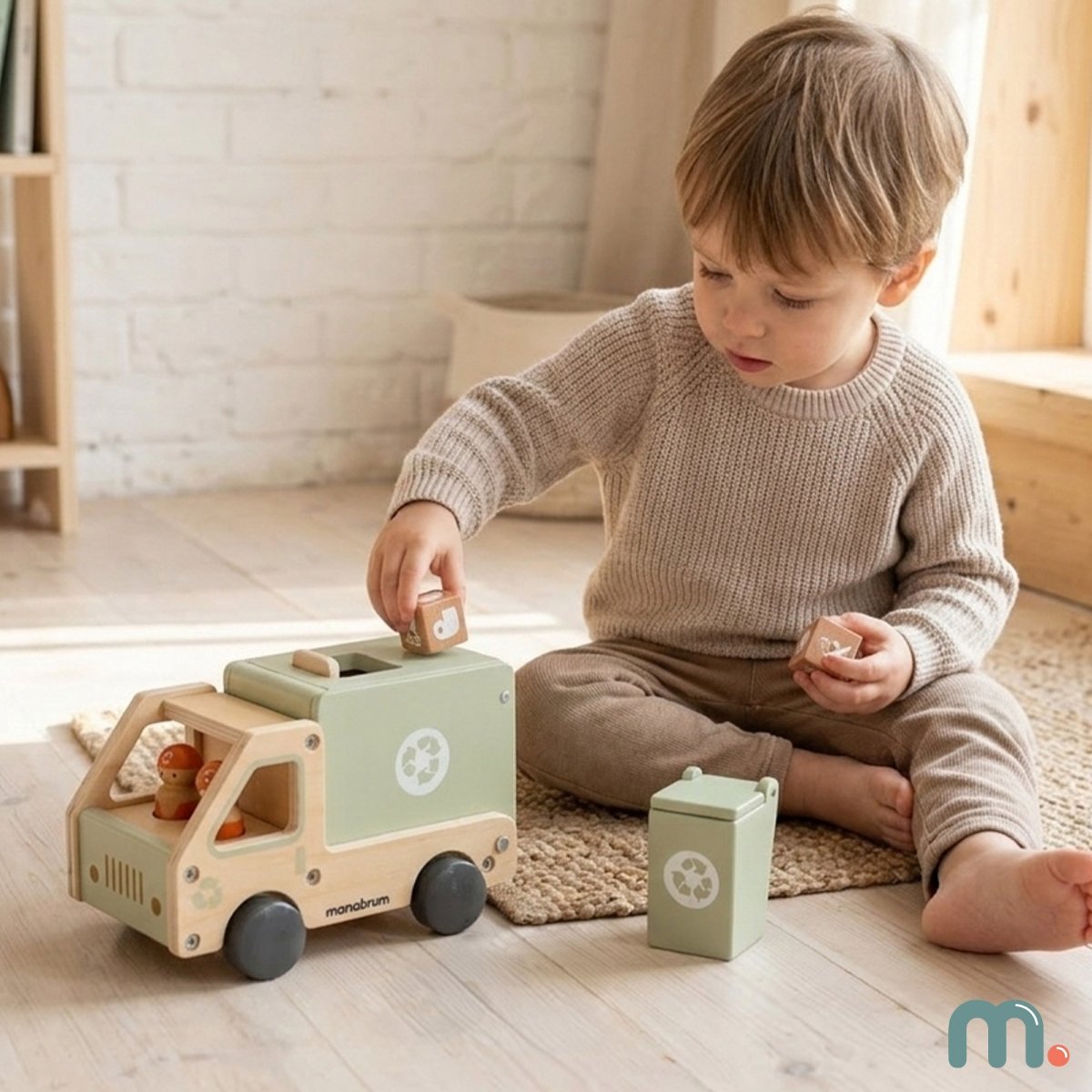 Drewniane auto do segregacji odpadów - śmieciarka z akcesoriami