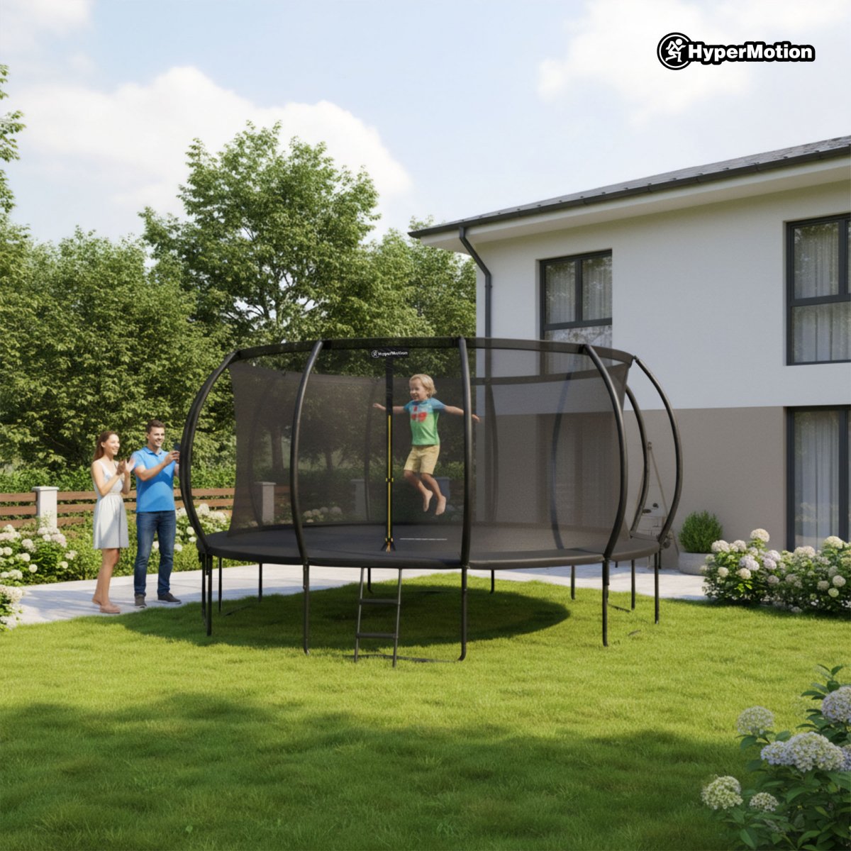 Trampolina ogrodowa XXXXL dla dzieci HyperMotion - 487 cm 16FT - z drabinką i siatką wewnętrzną - do domu i ogrodu - 150kg max