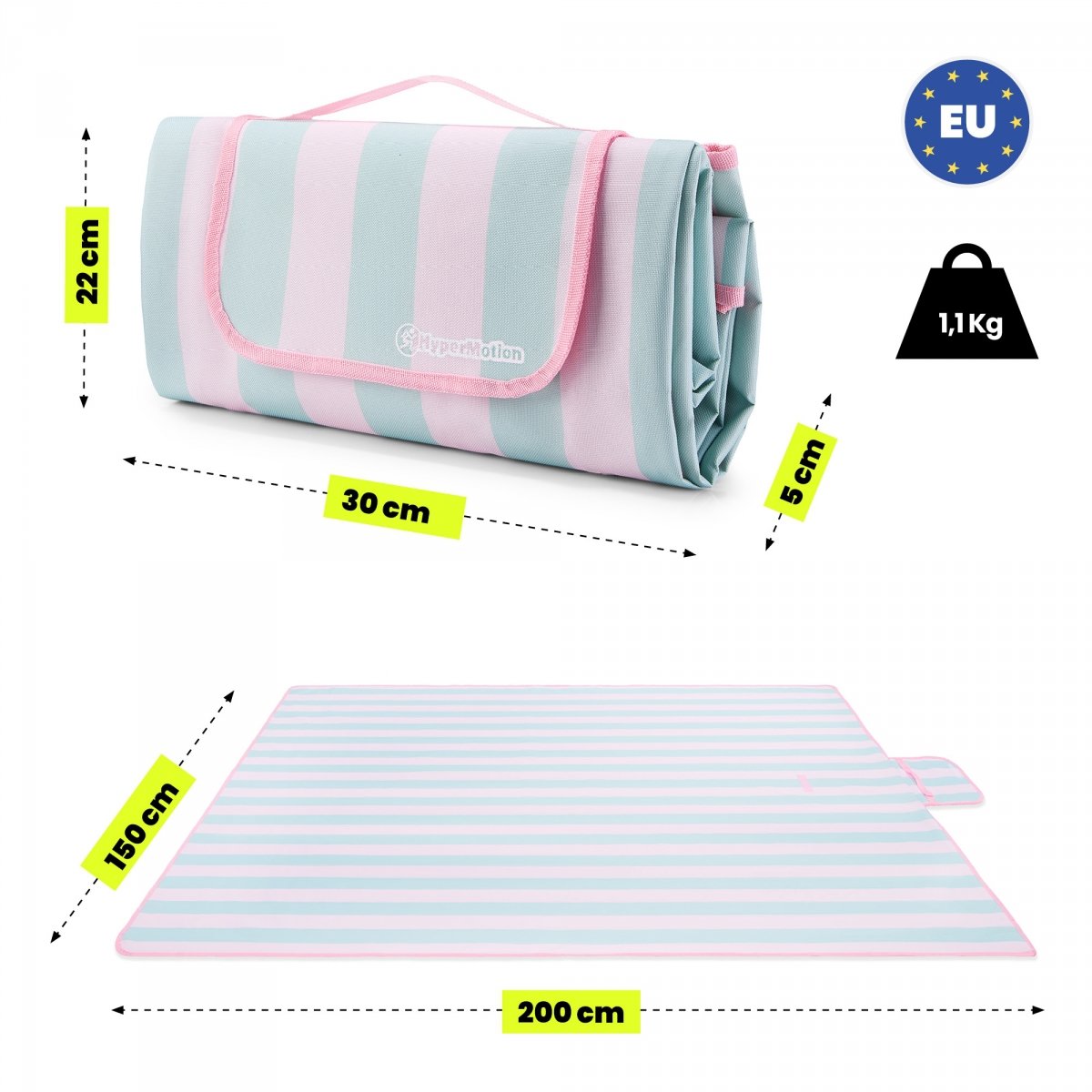 Koc plażowy piknikowy 150×200 cm - HyperMotion – różowo-zielone paski