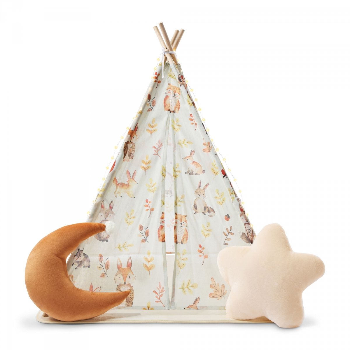 Tipi - namiot dla dziecka do pokoju z dywanem, poduszkami i światełkami LED - 135cm