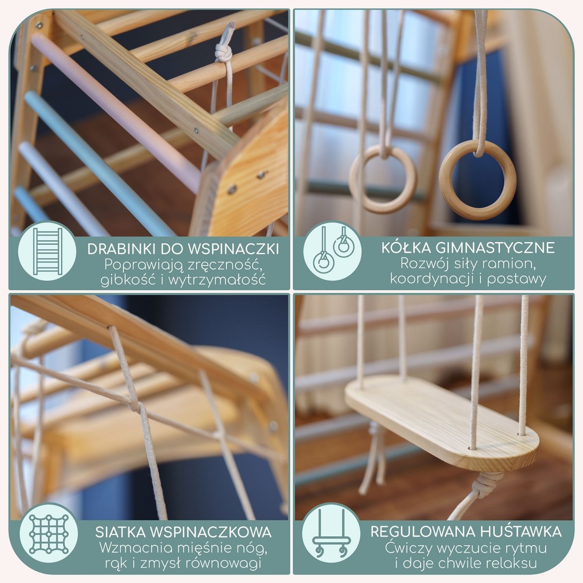 Drewniany domowy plac zabaw z huśtawką, kółkami gimnastycznymi i siatką wspinaczkową