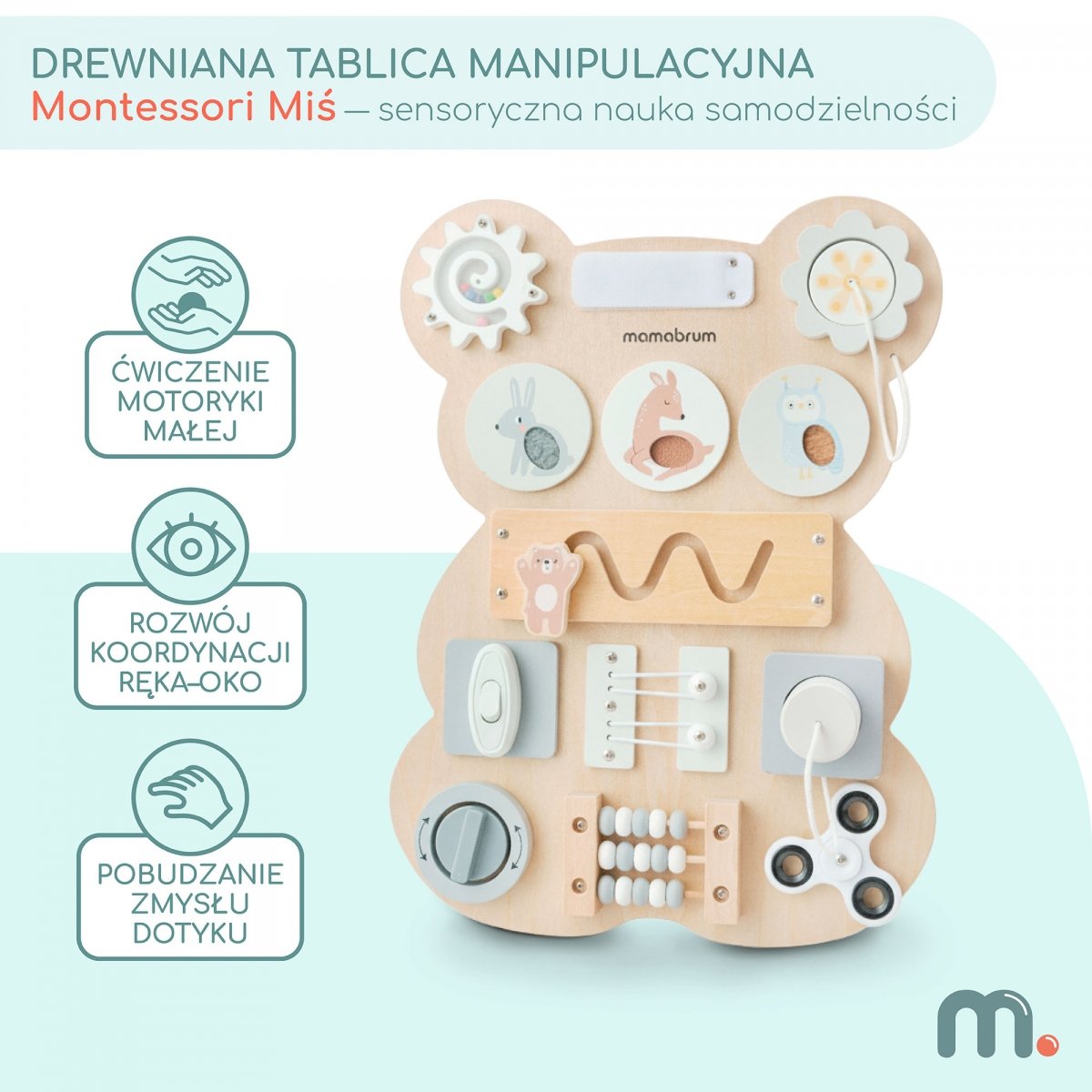 Drewniana tablica manipulacyjna Montessori Miś – sensoryczna nauka samodzielności: rzep, wtyczka, labirynt, klikające pokrętło