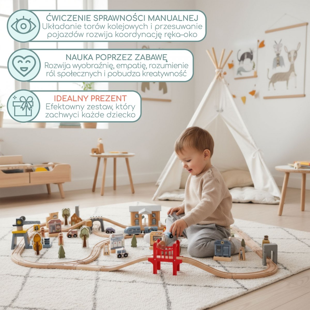 Drewniana kolejka miejska z elektrycznym pociągiem - ruchomy dźwig, statek, mosty