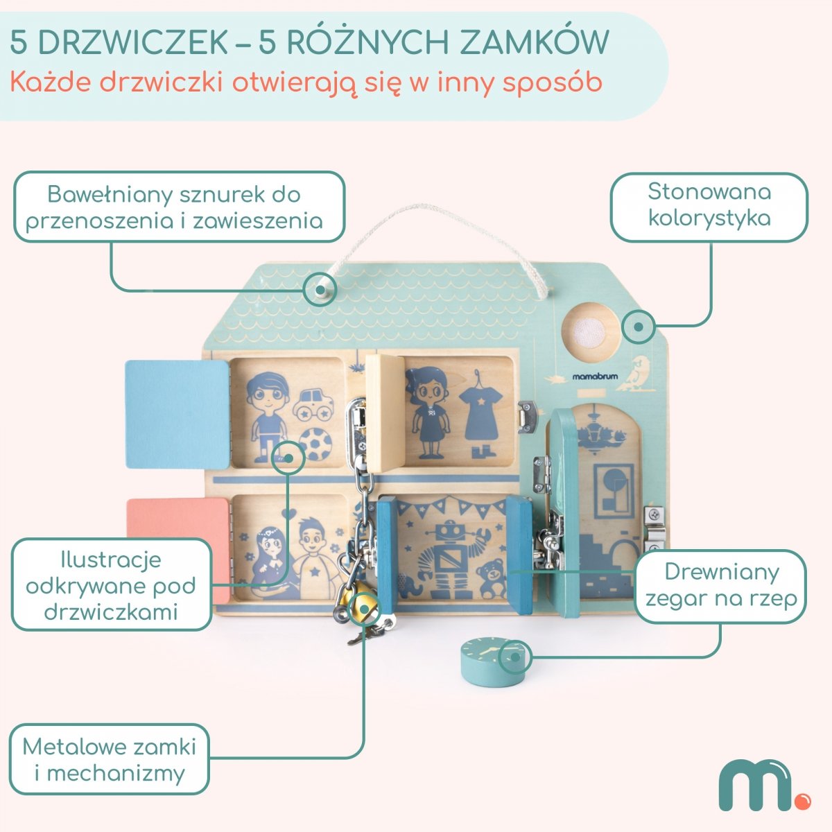 Drewniana tablica manipulacyjna Montessori - Sensoryczna Nauka samodzielności - Domek z zamkami