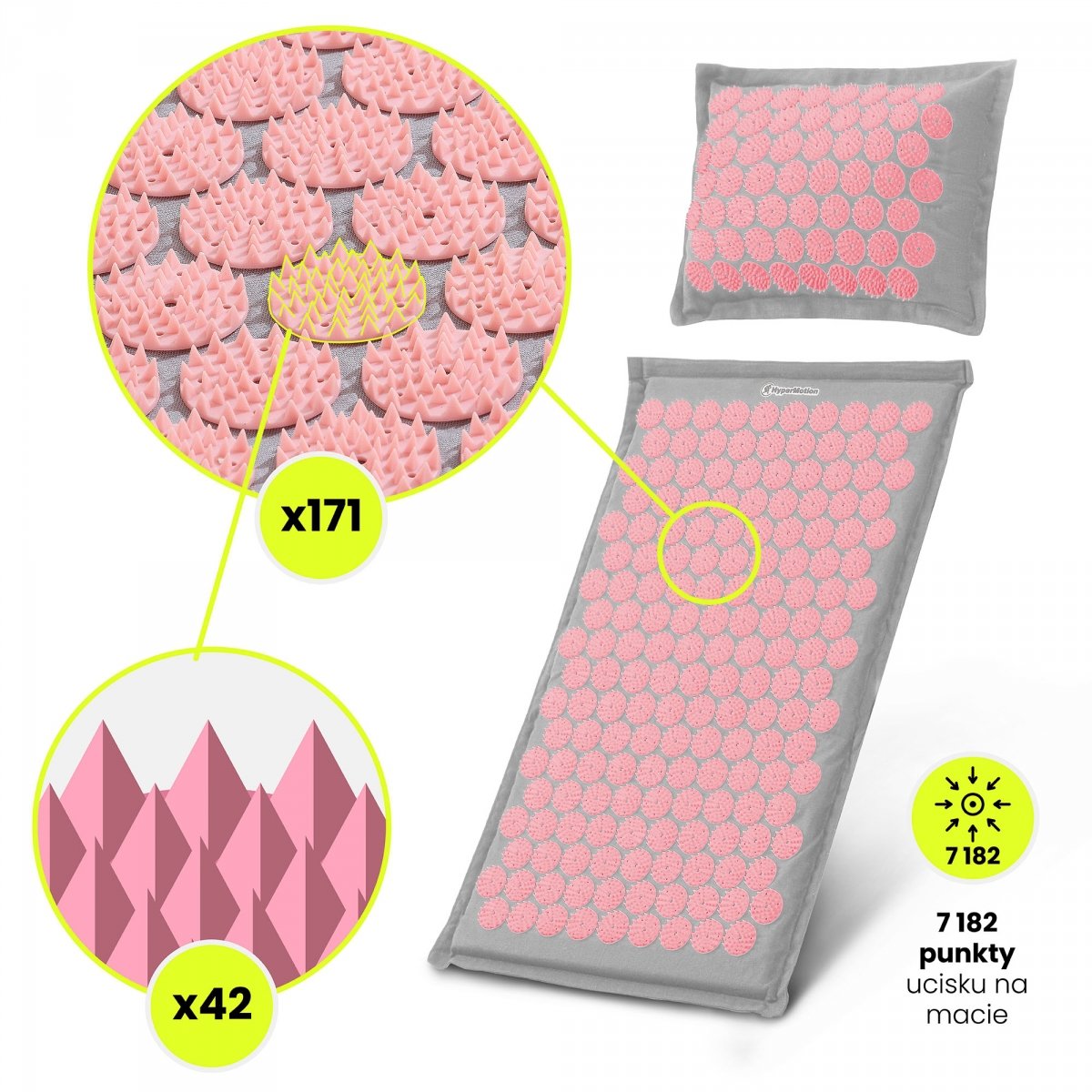 Mata do akupresury ECO lniana z włóknem kokosowym i poduszką z gryki – 68 cm HyperMotion szaro-różowa