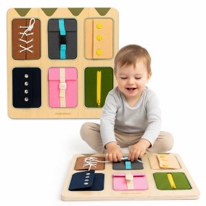 Drewniana tablica manipulacyjna Montessori – Sensoryczna Nauka samodzielności - sznurówki, klamry, guziki, zatrzaski, suwak 