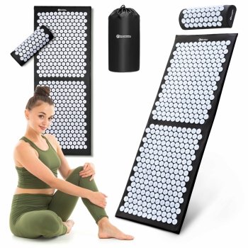 Duża mata do akupresury z poduszką i pokrowcem - 130 cm HyperMotion czarno-biała