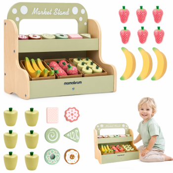 Drewniany Stragan Sklep dla Dzieci z Owocami i Deserami - dwupoziomowy, przenośny