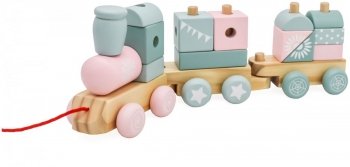 Pastelowa ciuchcia drewniana z klockami - kolejka, pociąg