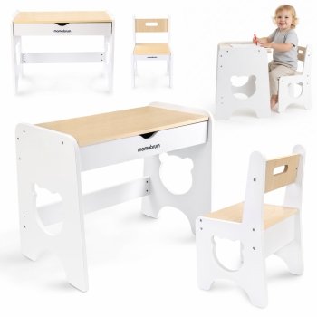 Zestaw dla dzieci - biały, drewniany stolik - biurko z szufladą i krzesełkiem - Miś