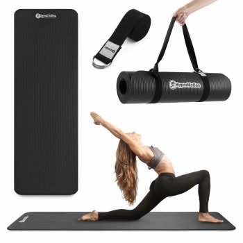 Mata do ćwiczeń fitness i jogi NBR z wielofunkcyjnym paskiem do ćwiczeń i przenoszenia - 183 x 61 x 0,8 cm HyperMotion - kolor czarny
