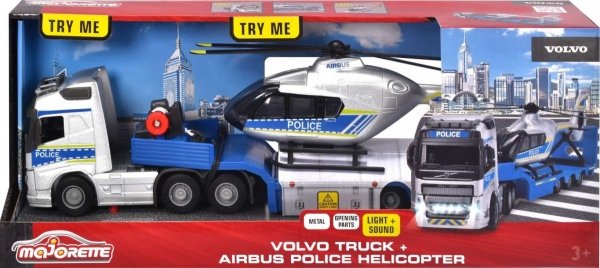 Zestaw policyjny Majorette ciężarówka Volvo z przyczepą helikopter światło i dźwięk