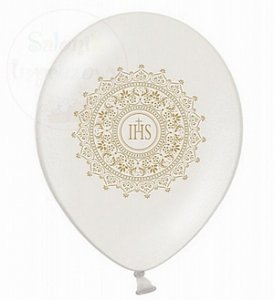 Balony 14 cali metalik białe z nadrukiem IHS -1szt 