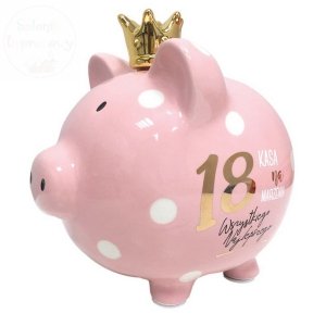 Skarbonka świnka różowa premium 18 kasa na marzenia Wszystkiego Najlepszego