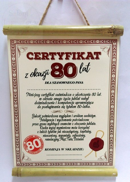 Dyplom bambus Certyfikat z Okazji 80 lat dla Pana