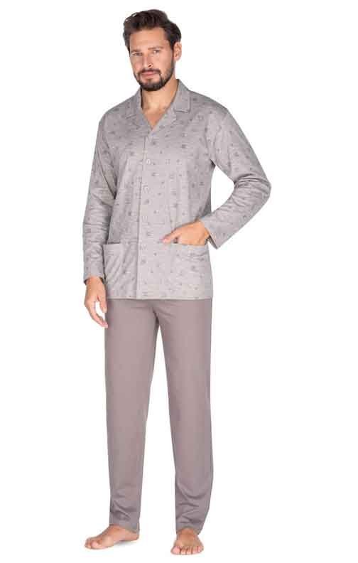 Klasyczna piżama męska szara  z rozpinaną koszulą Regina 444 MAXI