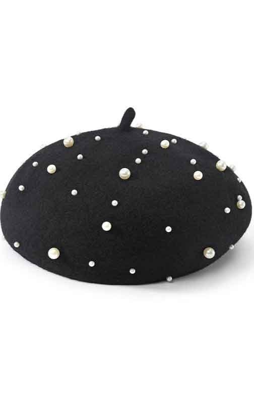 Czarny beret z perełkami