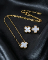 4209 Komplet kolczyki, naszyjnik 40+5cm, pierścionek złoty stal chirurgiczna koniczyna marokańska 