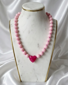 sz156 Złoty naszyjnik 46+5cm stal chirurgiczna koraliki akrylowe serce 