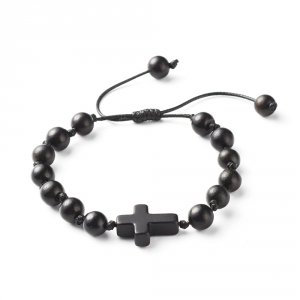 op02 Bransoletka pleciona zaciągana naturalne drewno krzyż