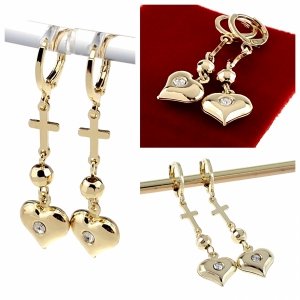 3155 Kolczyki złote pozłacane wiszące 14K cyrkonie serce krzyż