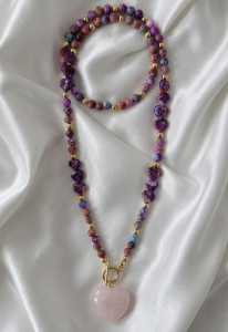 691h Naszyjnik jaspis cesarski kamień naturalny 60cm stal chirurgiczna nierdzewna