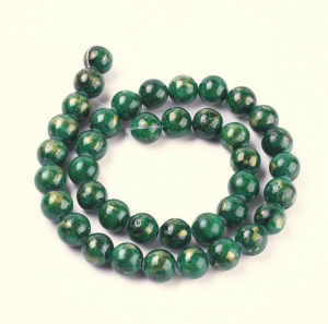 1000 Naturalne koraliki  jadeit Mashan, w nitkach, z folią złotą, barwione, okrągłe, ciemnozielone, 10 mm, otwór: 1,4 mm, około 39 sztuk