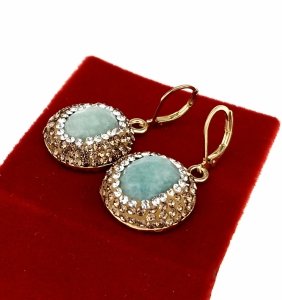sz101 Kolczyki złote kamień naturalny amazonit pozłacane 14k wiszące 