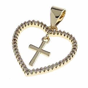 1917i Złota zawieszka błyszcząca pozłacana 14k cyrkonie serce krzyż
