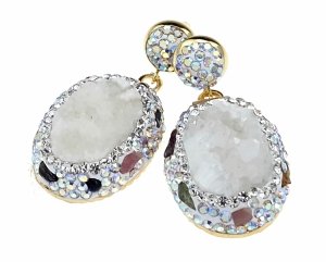 2324L Kolczyki złote pozłacane wiszące 14K kamień naturalny biały kwarc