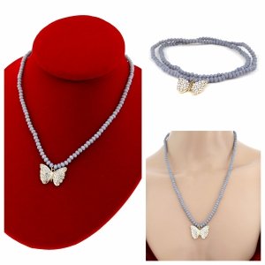 1925c Naszyjnik błyszczący szklane kryształki na gumce jubilerskiej łańcuszek motyl