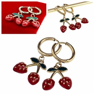 2400 Kolczyki złote stal chirurgiczna 316L nierdzewna wiszące truskawki