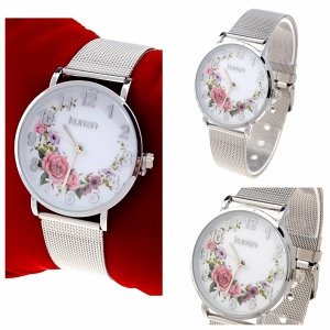 3056 Zegarek damski srebrny stal chirurgiczna Kurren elegancki klasyk kwiaty
