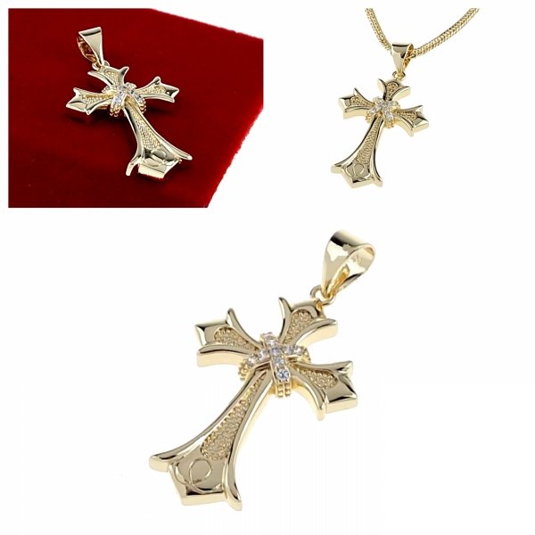4402h Złota zawieszka błyszcząca pozłacana 14k cyrkonie krzyż