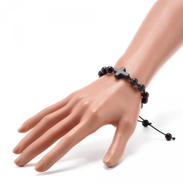 op02 Bransoletka pleciona zaciągana naturalne drewno krzyż