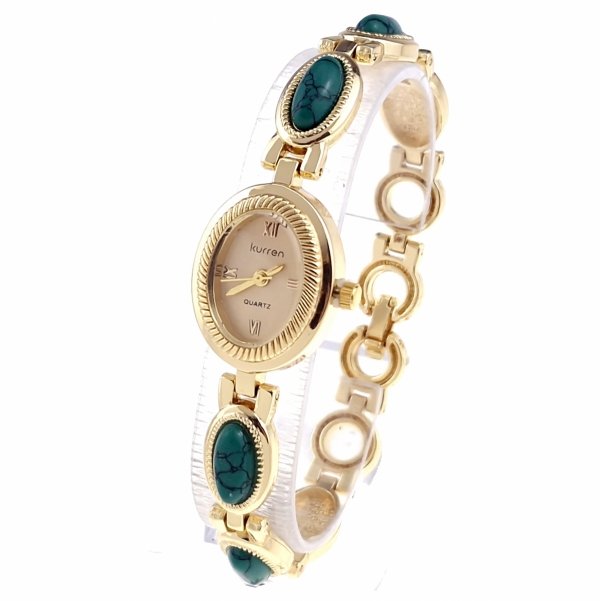 0204 Ekskluzywny damski złoty zegarek Kurren klasyk kamień turkus