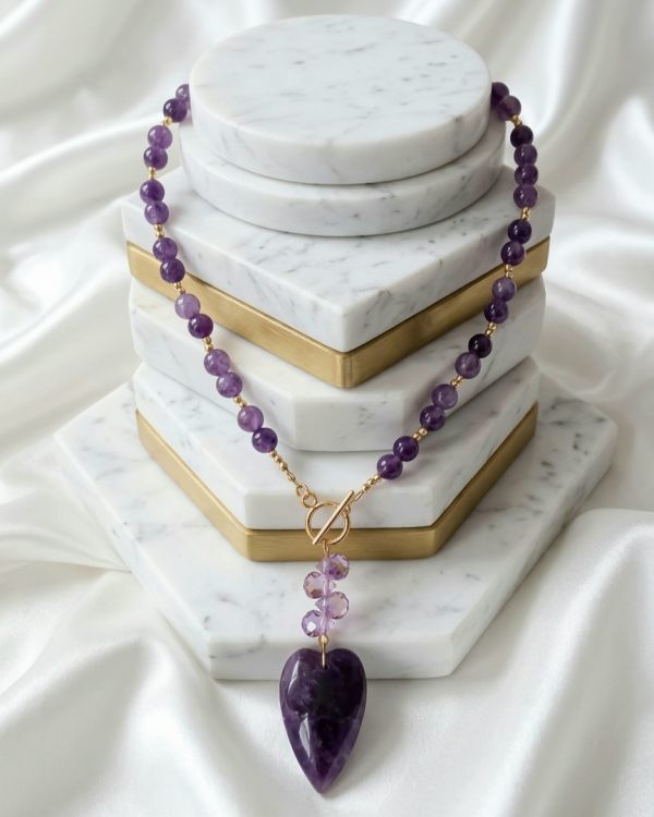 1266h Naszyjnik ametyst kamień naturalny 53cm stal chirurgiczna nierdzewna 