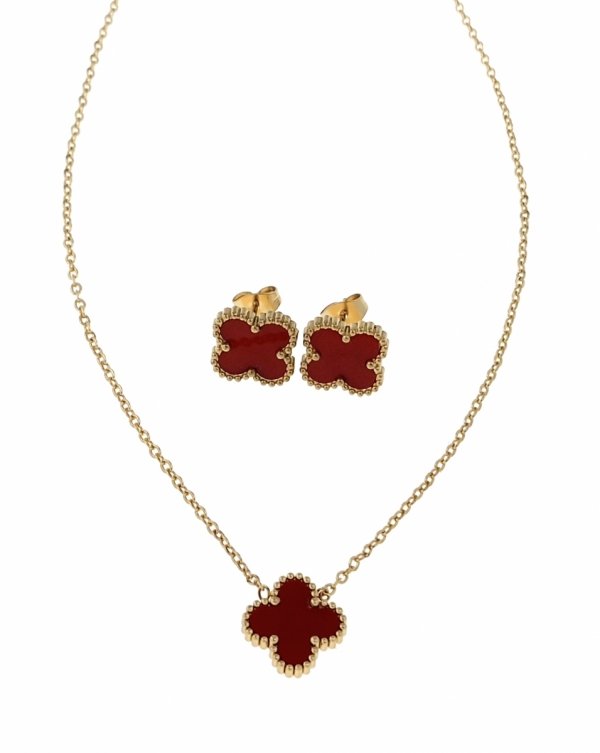 4246 Komplet kolczyki, naszyjnik 40+5cm, pierścionek złoty stal chirurgiczna koniczyna marokańska