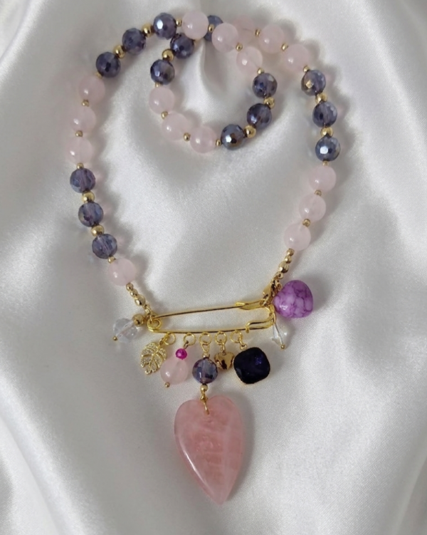 2319j Naszyjnik kwarc różowy kamień naturalny 45cm stal chirurgiczna nierdzewna kryształki