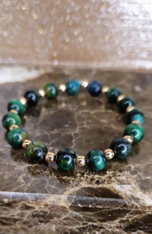 2330j Bransoletka tygrysie oko zielone na gumce jubilerskiej 