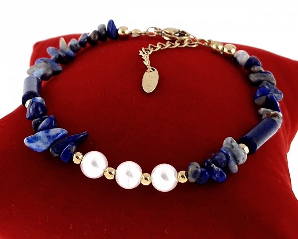 3520 Bransoletka złota 19+3 stal chirurgiczna 316L nierdzewna kamień lapis lazuli perła