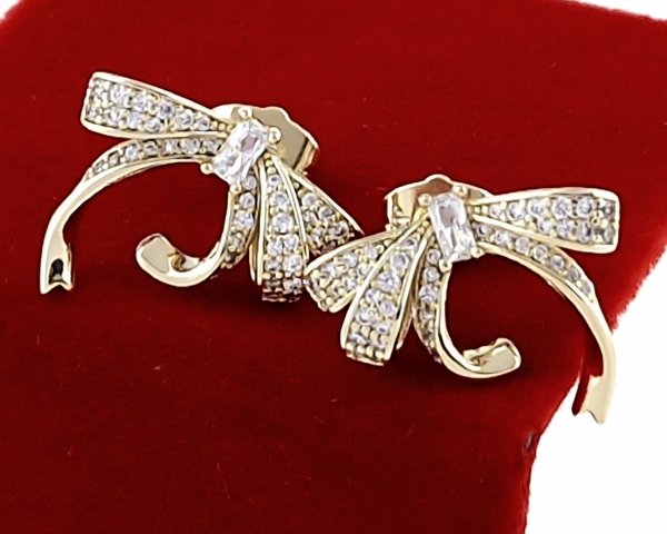 4124 Kolczyki złote pozłacane cyrkonie wtyczki 14K Xuping kokardki