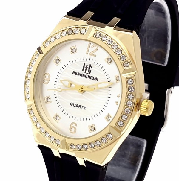 2210 Ekskluzywny damski złoty zegarek błyszczący cyrkonie klasyk silikonowy pasek